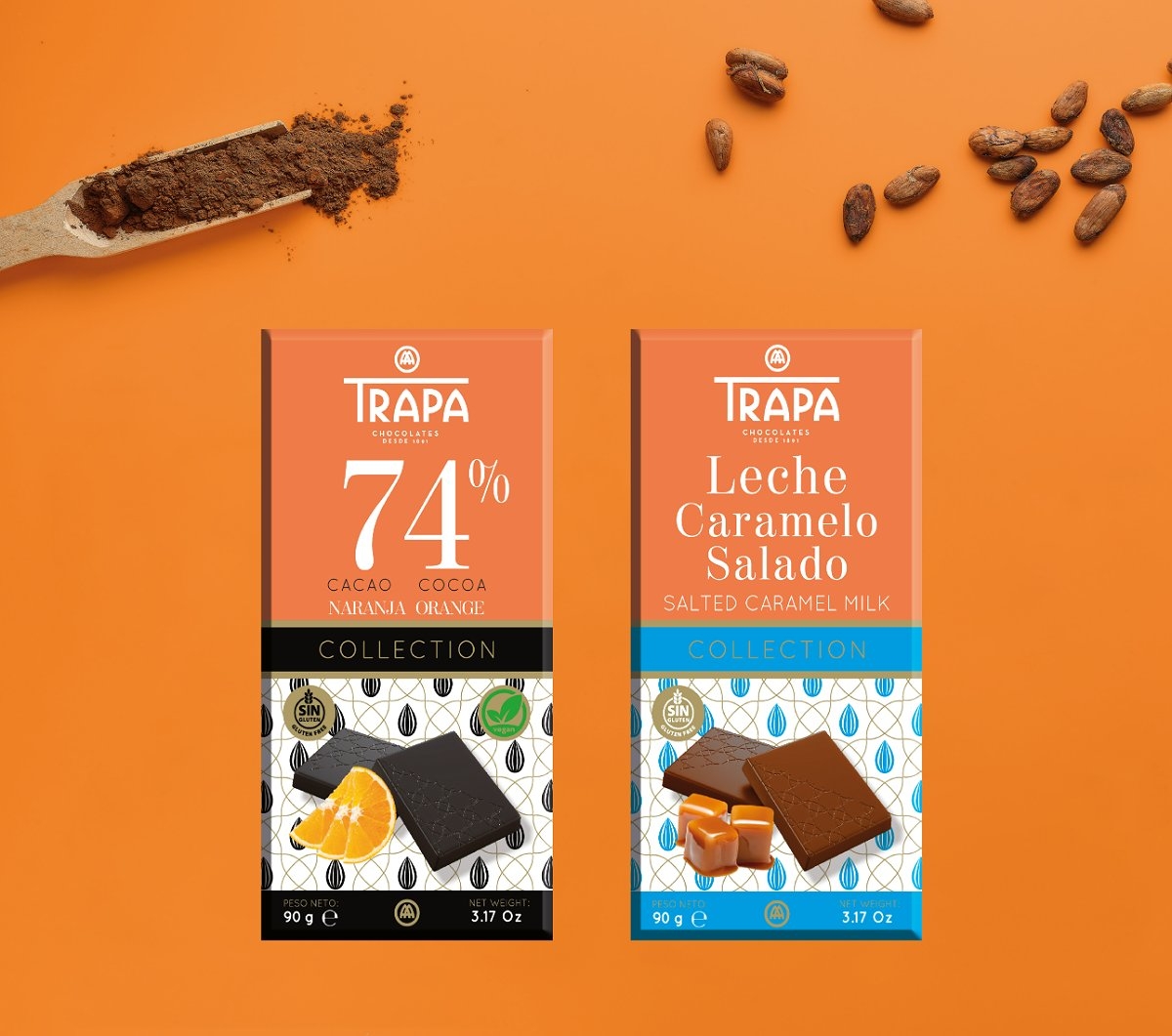 CHOCOLATES TRAPA AMPLÍA SU GAMA DE TABLETAS COLLECTION CON DOS NUEVAS REFERENCIAS: 74 % CACAO CON NARANJA Y CHOCOLATE CON LECHE Y CARAMELO SALADO